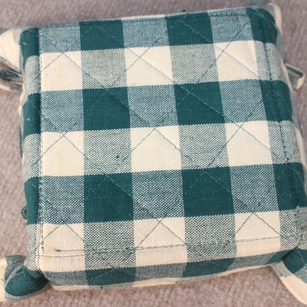 Vintage Green Gingham Quilted Fabric Bread Basket with Apple Motif and Ties